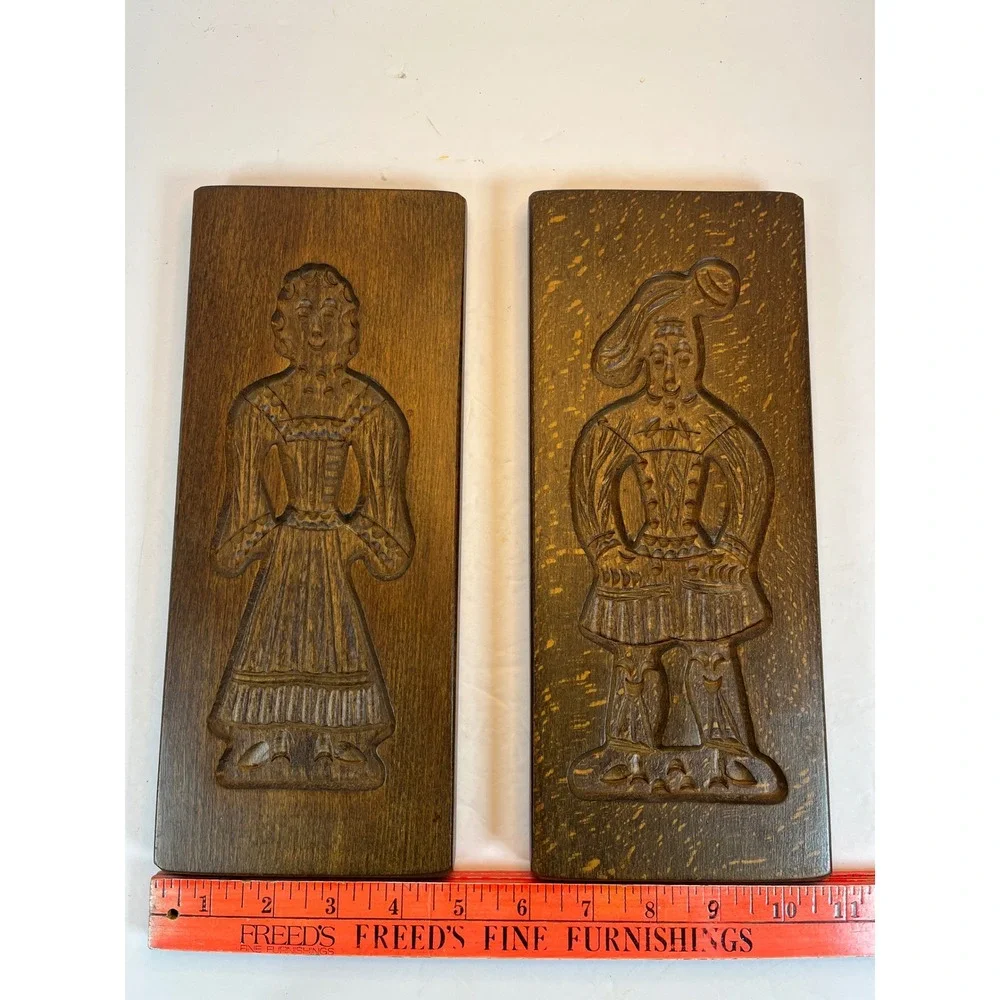 Vintage Hand Carved Wooden Speculaas Cookie Molds Dutch Folk Art Wall Decor Pair